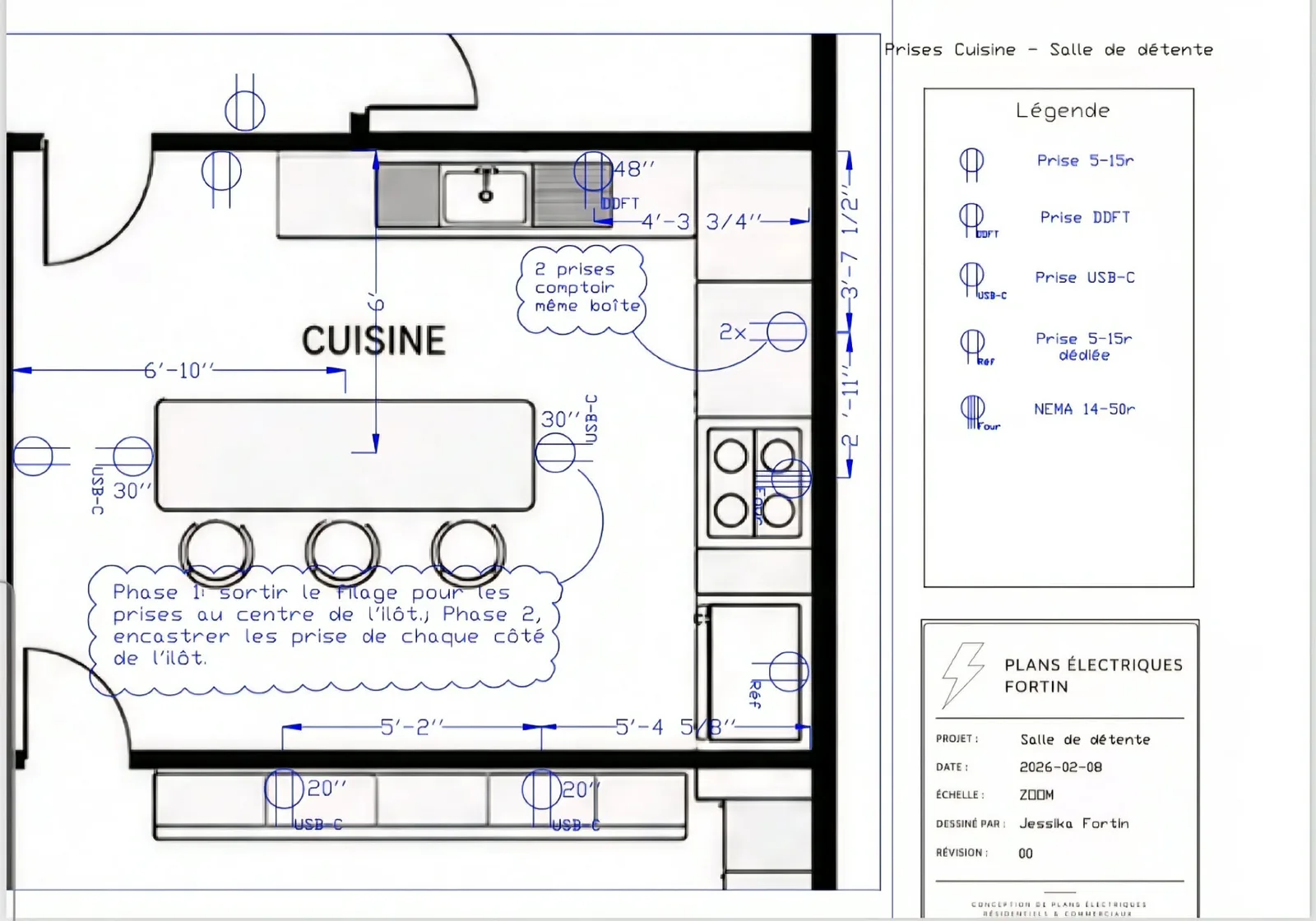 Commercial, détail des prises de cuisine. Notes d’installation sur le plan.