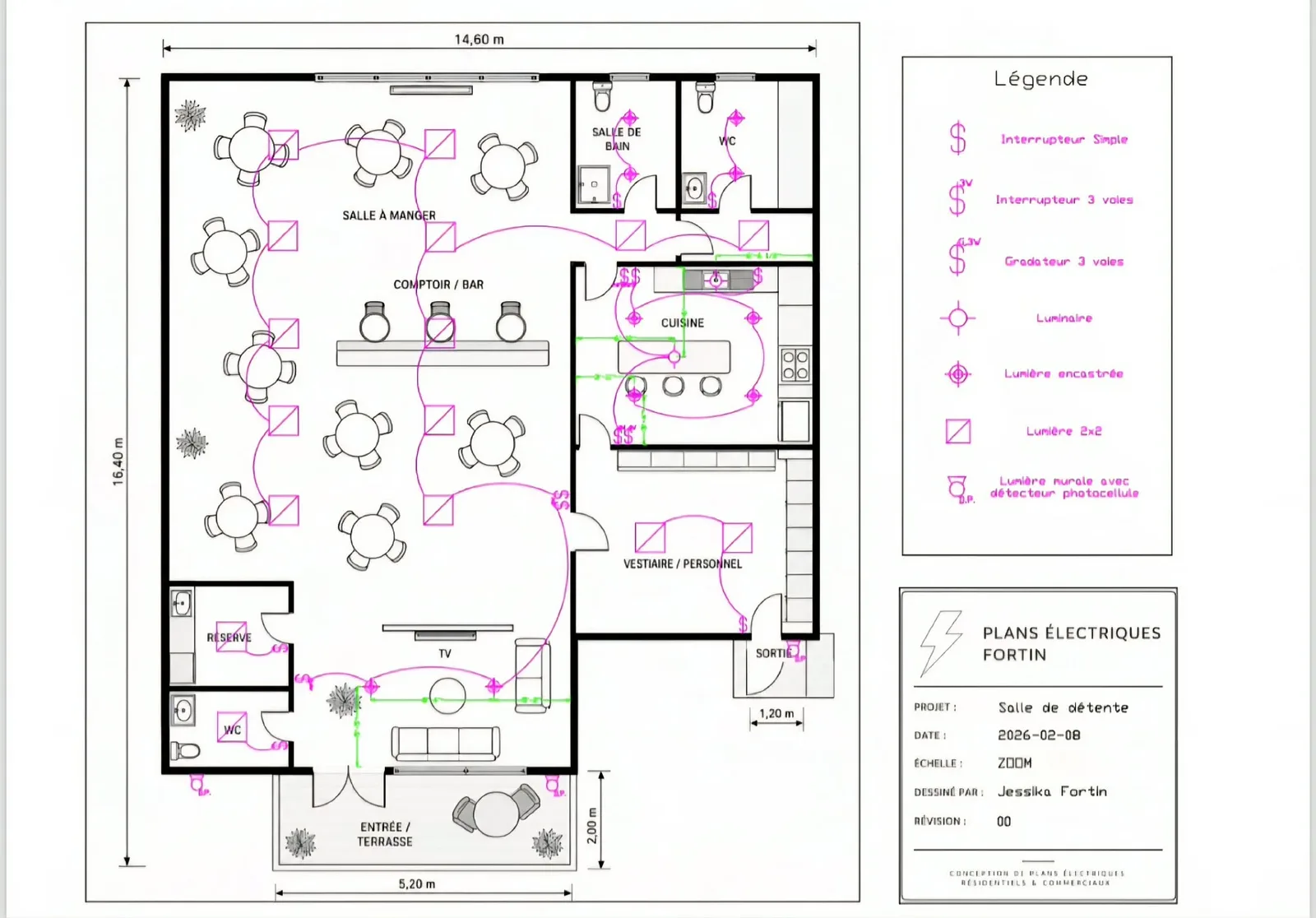 Plan commercial, calque éclairage : luminaires et interrupteurs