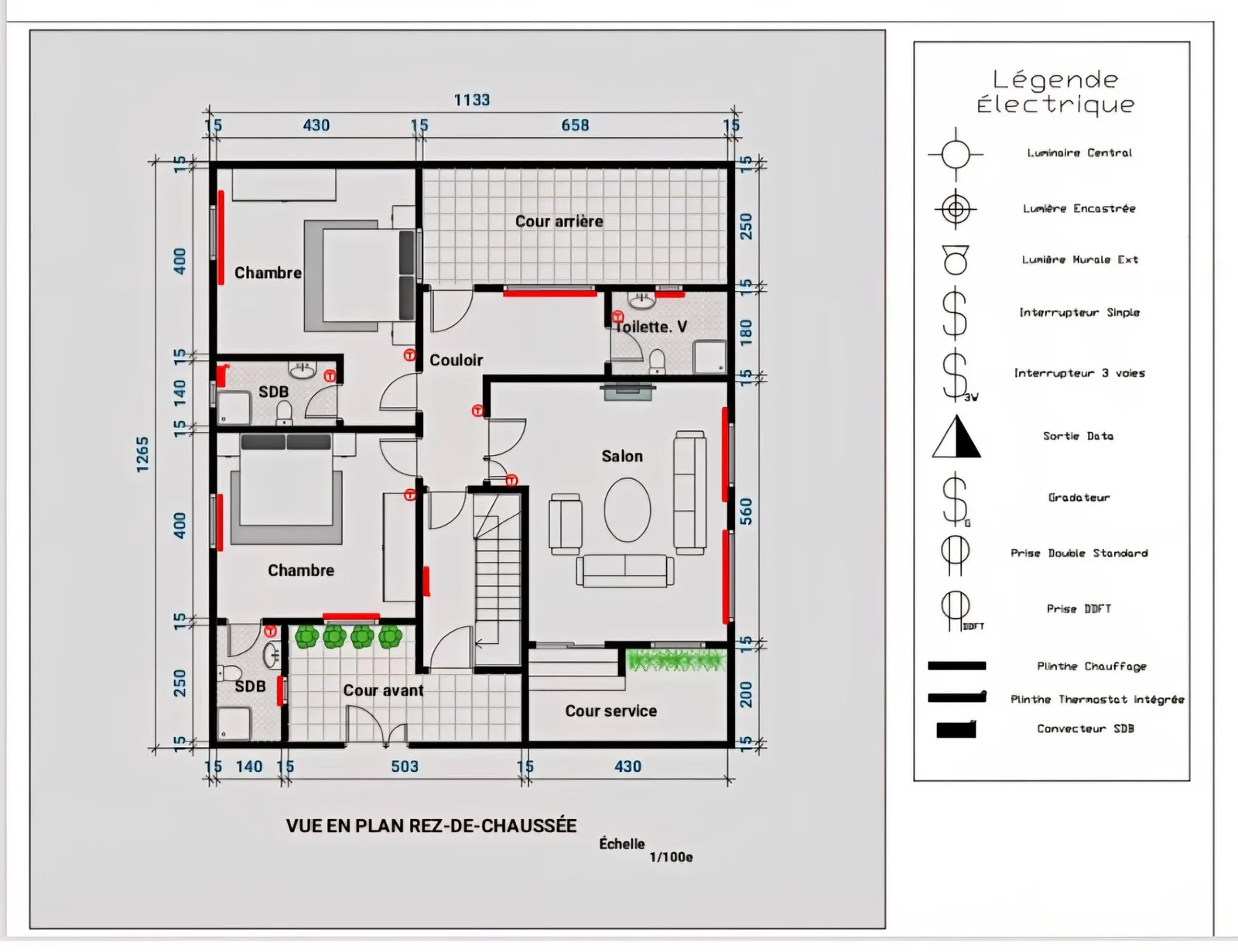 Plan résidentiel, calque chauffage : plinthes et thermostats