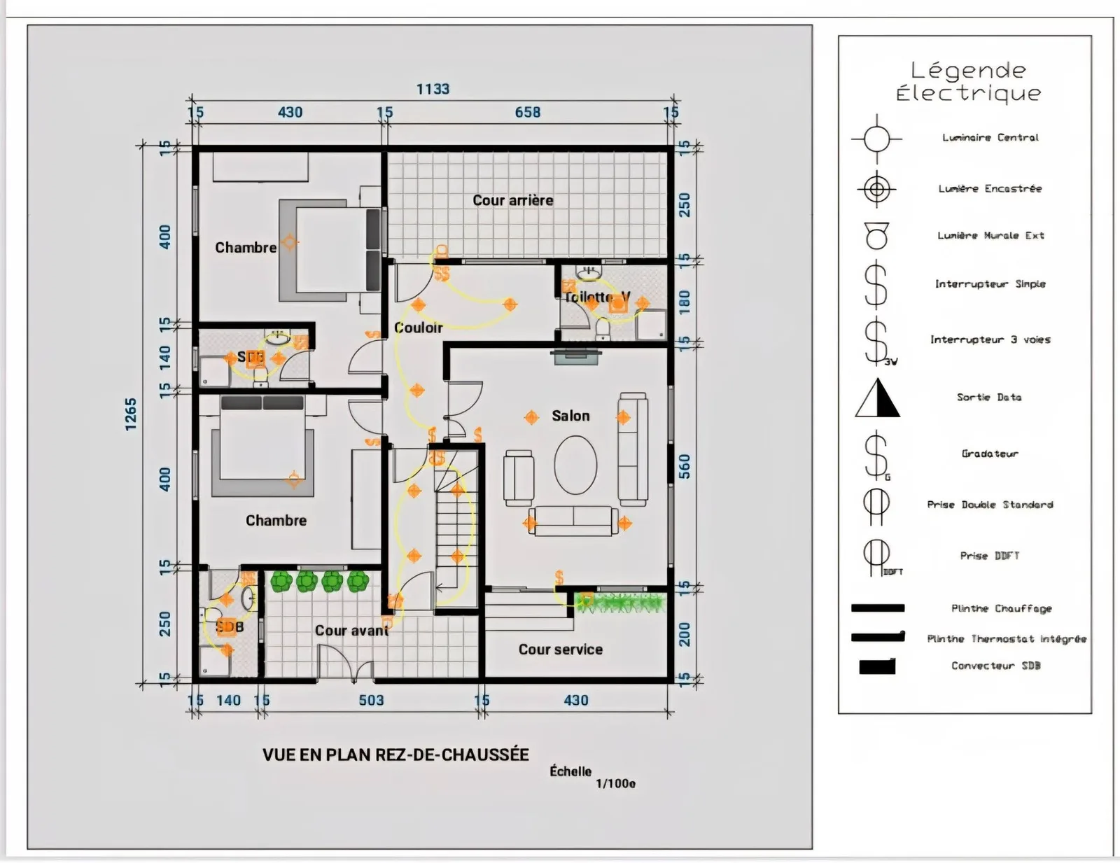 Plan résidentiel, calque éclairage : luminaires et interrupteurs