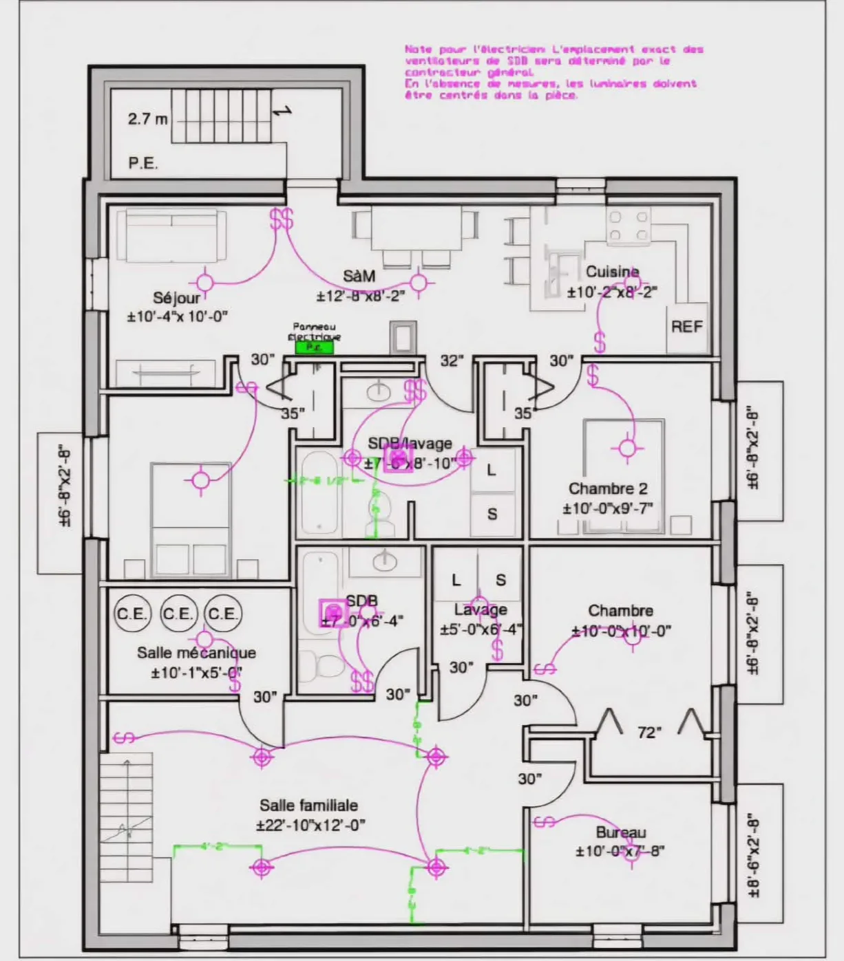 Rénovation résidentielle, étage d’une unifamiliale. Circuits, prises et notes pour l’électricien.